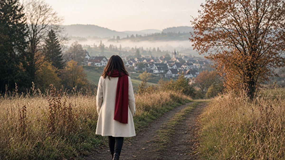 Frau mit rotem Schal beim ruhigen Spaziergang auf einem Feldweg im Herbst